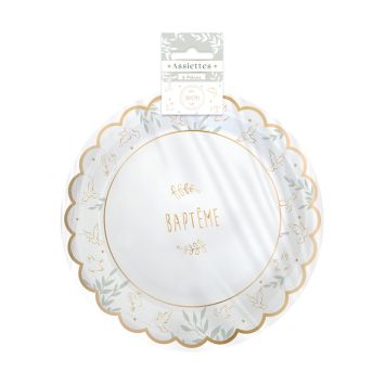6 assiettes en carton - Diamètre 23 cm - Collection Baptême