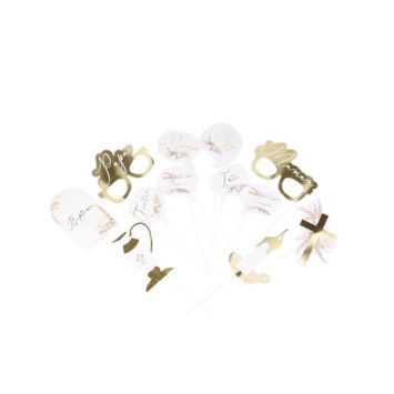 Kit Photobooth - 12 Pièces - Collection Pampas, Fleurs de Coton et Or
