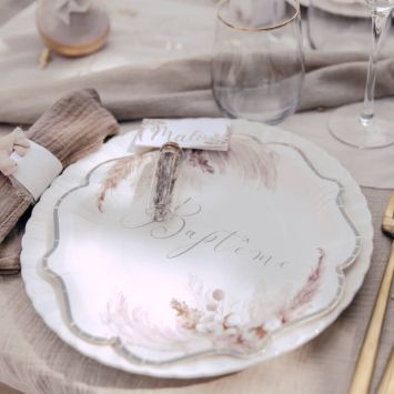 8 Assiettes en carton - Collection Pampas, Fleurs de Coton et Or