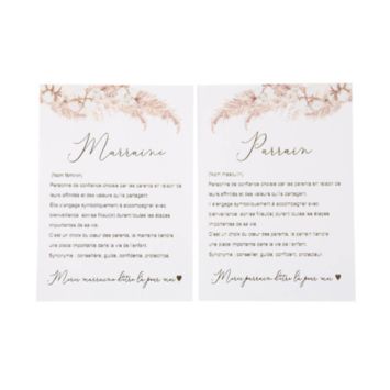 2 cartes Parrain, Marraine - Collection Pampas, Fleurs de Coton et Or
