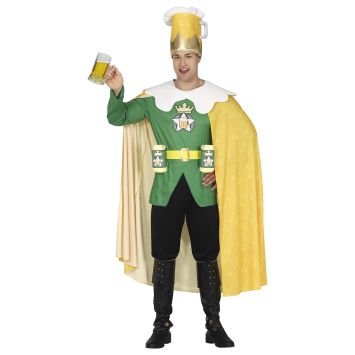 Homme déguisé en Roi de la Bière avec cape dorée et chope sur la tête | jourdefete.com