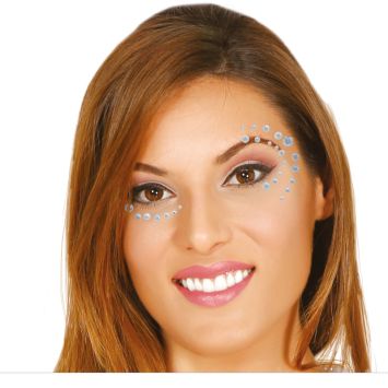 Bijoux adhésifs visage en strass argentés | jourdefete.com