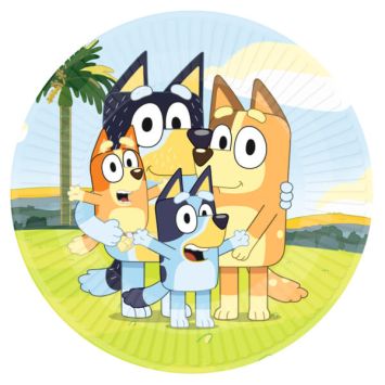 Assiettes Bluey 23 cm avec illustration de la famille Bluey réunie en câlin | jourdefete.com