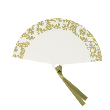 Éventail Botanica Verde pistache crème & or avec ruban olive | jourdefete.com