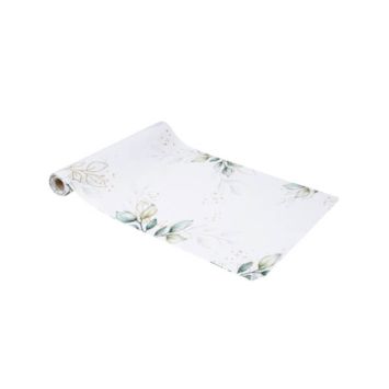 chemin de table botanique tissu blanc avec du feuillages et du doré