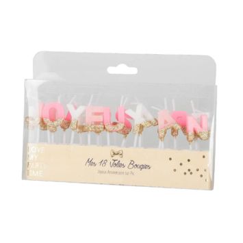 18 bougies à paillettes dorées "Joyeux Anniversaire" sur pics - Couleur au choix