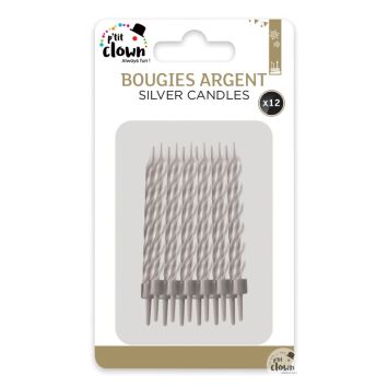 Bougies argentées torsadées avec bobèche x12 pour fêtes et anniversaires | jourdefete.com
