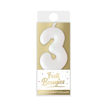 Bougie blanche à paillettes argentées en forme de chiffre - Chiffre au choix