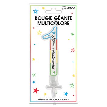 Bougie géante multicolore pour anniversaire - 11 cm - Chiffre au choix