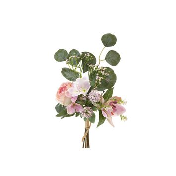Bouquet d'orchidées, de roses, de fleurettes et d'eucalyptus - 30 x 14 cm