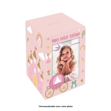 Tirelire enfant personnalisable princesse avec château et carrosse rose | jourdefete.com