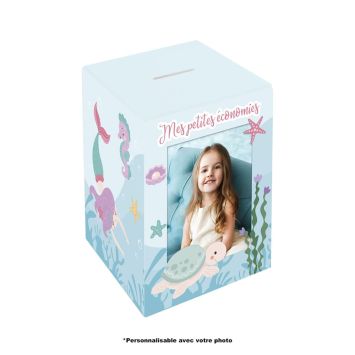 Tirelire personnalisable enfant thème sirène avec animaux marins et décor bleu | jourdefete.com