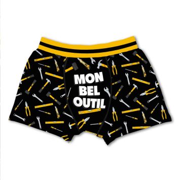 Boxer homme noir motif outils avec inscription “Mon Bel Outil” | jourdefete.com