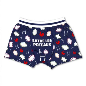 Boxer homme bleu marine motif rugby avec inscription “Entre les poteaux” | jourdefete.com