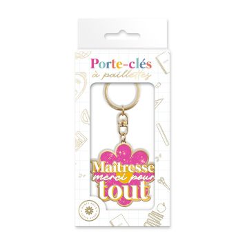 Porte-clés pailleté rose en forme de fleur Maîtresse merci pour tout | jourdefete.com