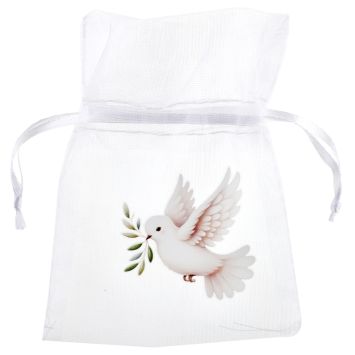 Sachets en tissu blanc motif colombe pour cérémonie | jourdefete.com