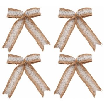 4 Nœuds en toile de jute et dentelle - 12 cm