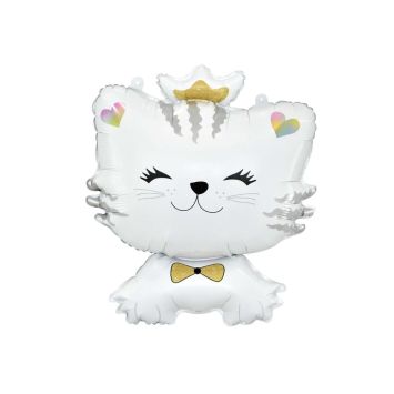 Ballon en forme de chat blanc avec couronne dorée et cœur arc-en-ciel | jourdefete.com
