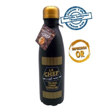 Bouteille isotherme noire et dorée le chef c'est moi, toujours à la bonne température.
