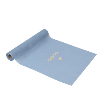 Chemin de table en mousseline bleu orage élégant pour baptême | jourdefete.com