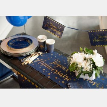 Chemin de table "Joyeux Anniversaire" Bleu Marine Métallisé