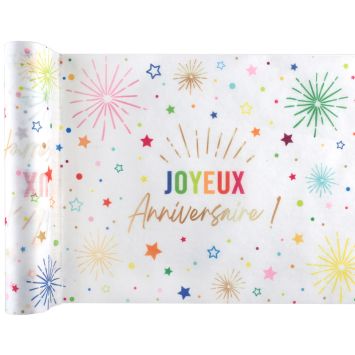 Chemin de table Joyeux Anniversaire blanc, décor festif et coloré | jourdefete.com