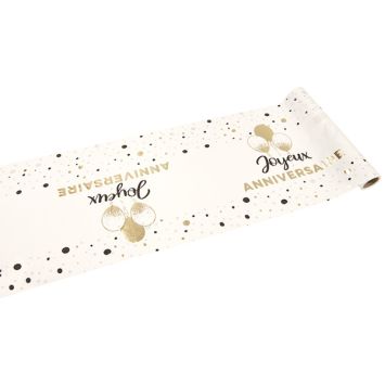 Chemin de table "Joyeux Anniversaire" doré et blanc en tissu avec ballons et pois festifs | jourdefete.com
