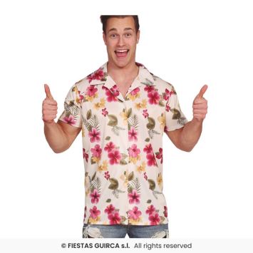 Homme portant une chemise hawaïenne à manches courtes avec imprimé hibiscus rouges et jaunes sur fond blanc, souriant et levant les pouces.