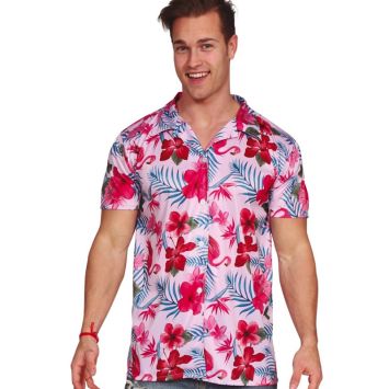 Homme en chemise hawaïenne rose à imprimé flamant rose et fleurs tropicales | jourdefete.com