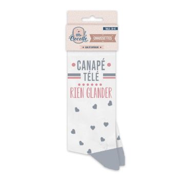 Chaussettes blanches à petits coeurs gris "Canapé télé rien glander" | jourdefete.com