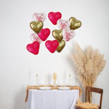 12 Ballons Cœurs Rouges Blancs Or et Transparents avec Confettis Cœurs Rouges