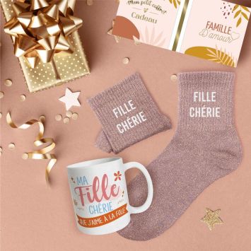 Coffret Mug à paillettes et Chaussettes à paillettes "Fille Chérie" pour femme - Collection Famille d'Amour