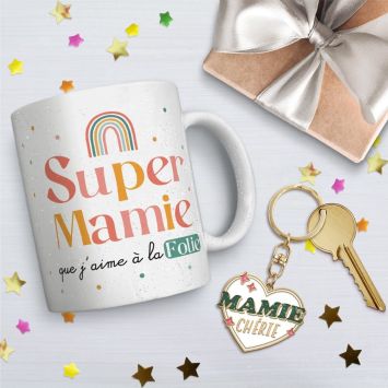 Coffret Mug à paillettes "Super Mamie que j'aime à la folie" et Porte-clés à paillettes "Mamie Chérie"