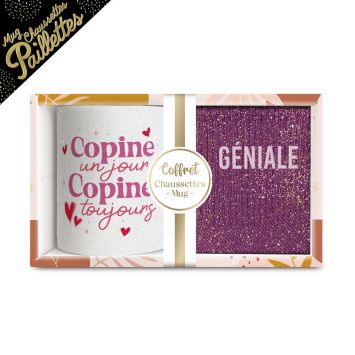 Coffret Mug à paillettes "Copine un jour, copine toujours" et Chaussettes à paillettes "Géniale" pour femme - Collection Famille d'Amour