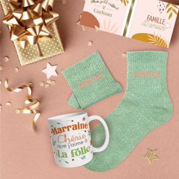 Coffret Mug à paillettes "Marraine Chérie" et Chaussettes à paillettes "Complice" pour femme - Collection Famille d'Amour