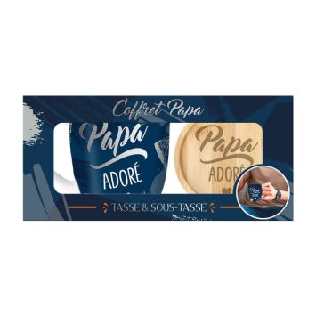 Une belle tasse à café "Papa adoré" ainsi qu'une sous-tasse en bois pour votre papa | jourdefete.com
