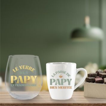 Coffret Verre "Le verre d'un Papy extraordinaire" et Tasse "La pause de Papy bien méritée" - Collection Papy d'Amour