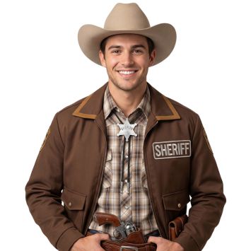 Homme souriant avec chapeau de cow-boy marron clair et collier en forme d'étoile d'argent | jourdefete.com