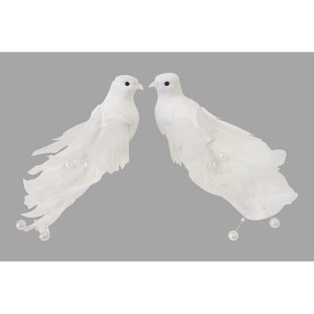 2 colombes avec plumes et perles nacrées sur pince - 5 x 17 x 4,5 cm