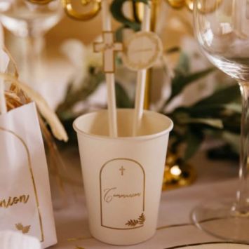 8 Gobelets en carton - Collection Communion Pureté Blanc et Or