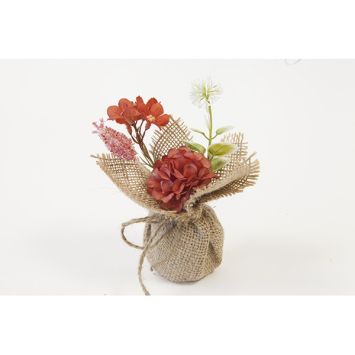 Composition fleurie terracotta dans sac en jute - 14 x 7 x 5 cm