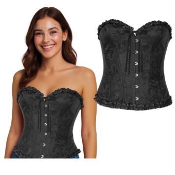 Jeune femme souriante portant un corset noir bustier à motifs floraux avec bordures en dentelle et fermoirs métalliques | jourdefete.com