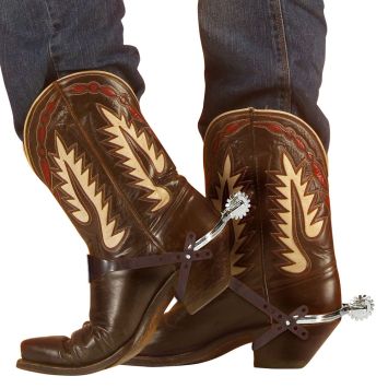 Éperons de cowboy argentés avec lanières en cuir | jourdefete.com