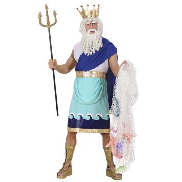 Déguisement adulte roi des mers Poséidon avec couronne, trident, toge bleue et accessoires marins.