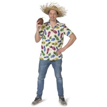 Déguisement chemise hawaïenne homme à ananas colorés, manches courtes, porté avec chapeau de paille et noix de coco à la main.
