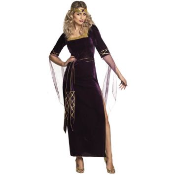 Déguisement médiéval Lady Eleanor pour femme avec robe violette à manches en voile, ceinture dorée et couronne assortie, vue de face.