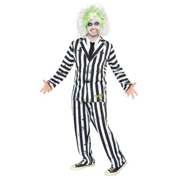 Homme déguisé en Beetlejuice avec costume rayé et perruque verte | jourdefete.com