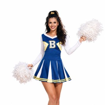 Femme souriante portant un déguisement de pom-pom girl bleu et blanc | jourdefete.com