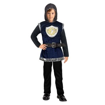 Enfant déguisé en chevalier avec tunique bleue et capuche côte de maille | jourdefete.com