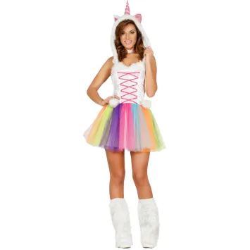 Femme déguisée en licorne arc-en-ciel avec capuche à corne et tutu multicolore | jourdefete.com
